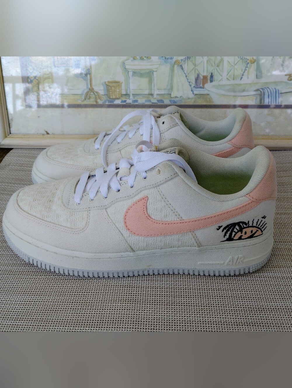 Nike Air Force 1 Low 07 SE "Sun Club" Off-White Woven/Canvas Sneakers. Size 9.